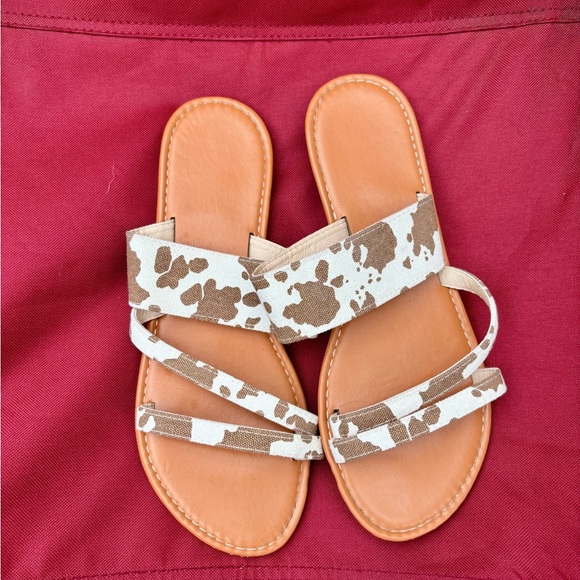Brown and Cream Slip-On Sandals with Cow print - Picture 1 of 2